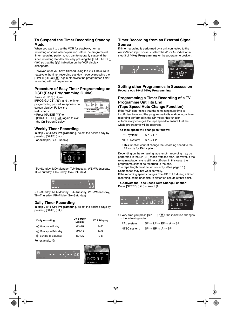 Weekly timer recording, Daily timer recording, Timer recording from an external signal source | Setting other programmes in succession | Panasonic NV-MV40GL User Manual | Page 16 / 24