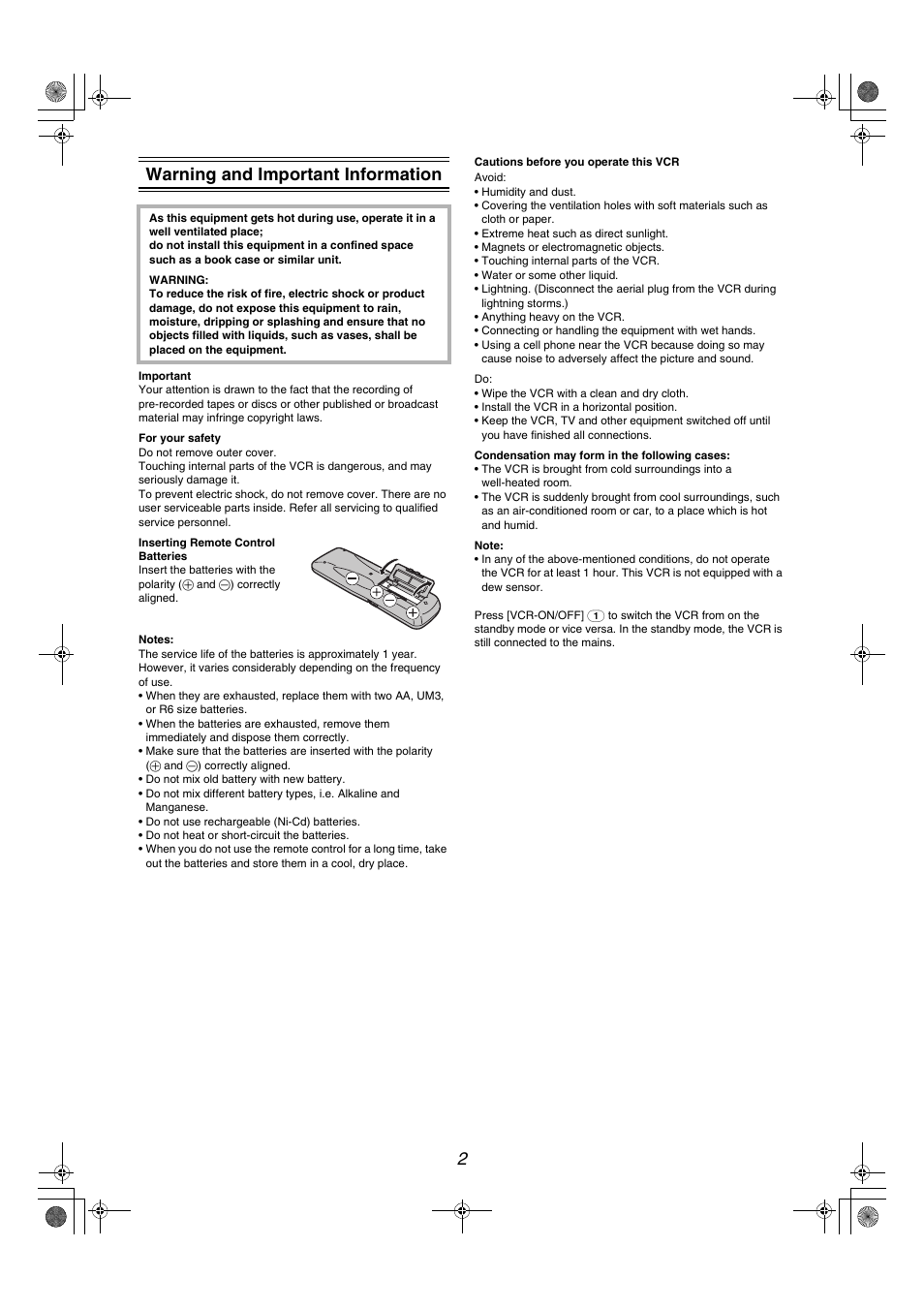 2warning and important information | Panasonic NV-MV40GL User Manual | Page 2 / 24