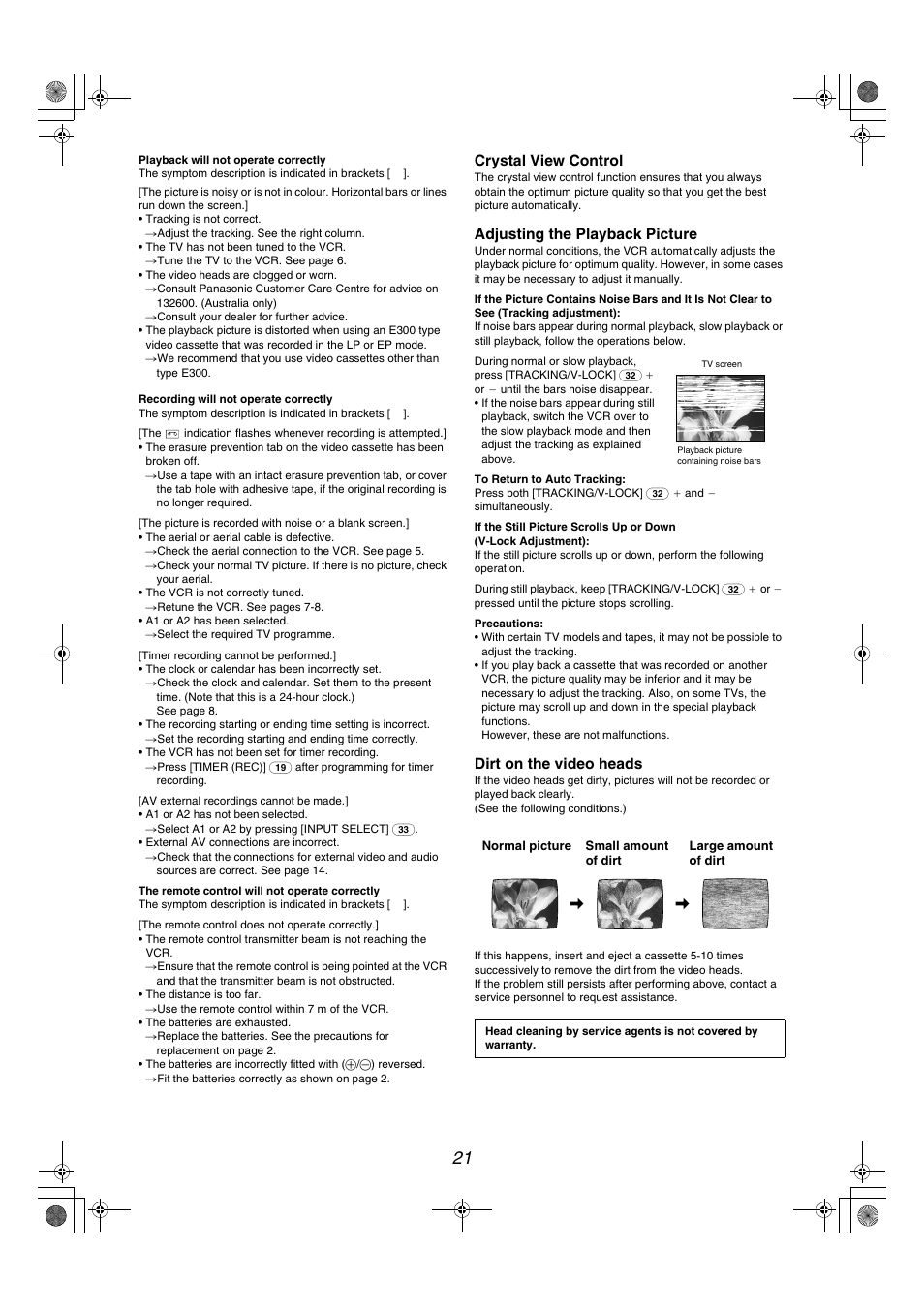 Crystal view control, Adjusting the playback picture, Dirt on the video heads | Panasonic NV-MV40GL User Manual | Page 21 / 24