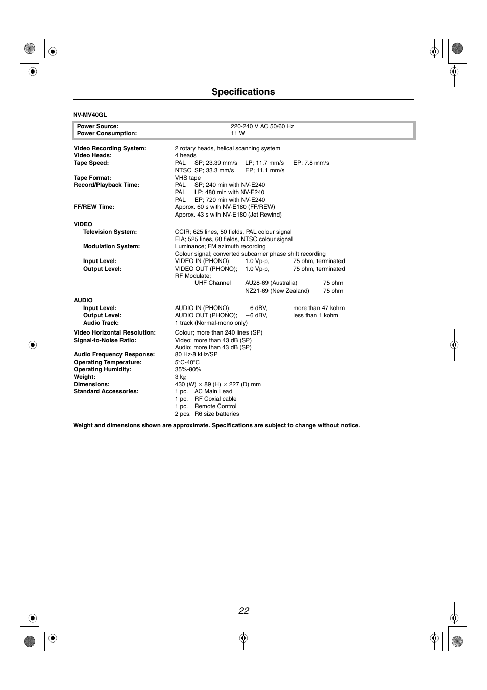 22 specifications | Panasonic NV-MV40GL User Manual | Page 22 / 24