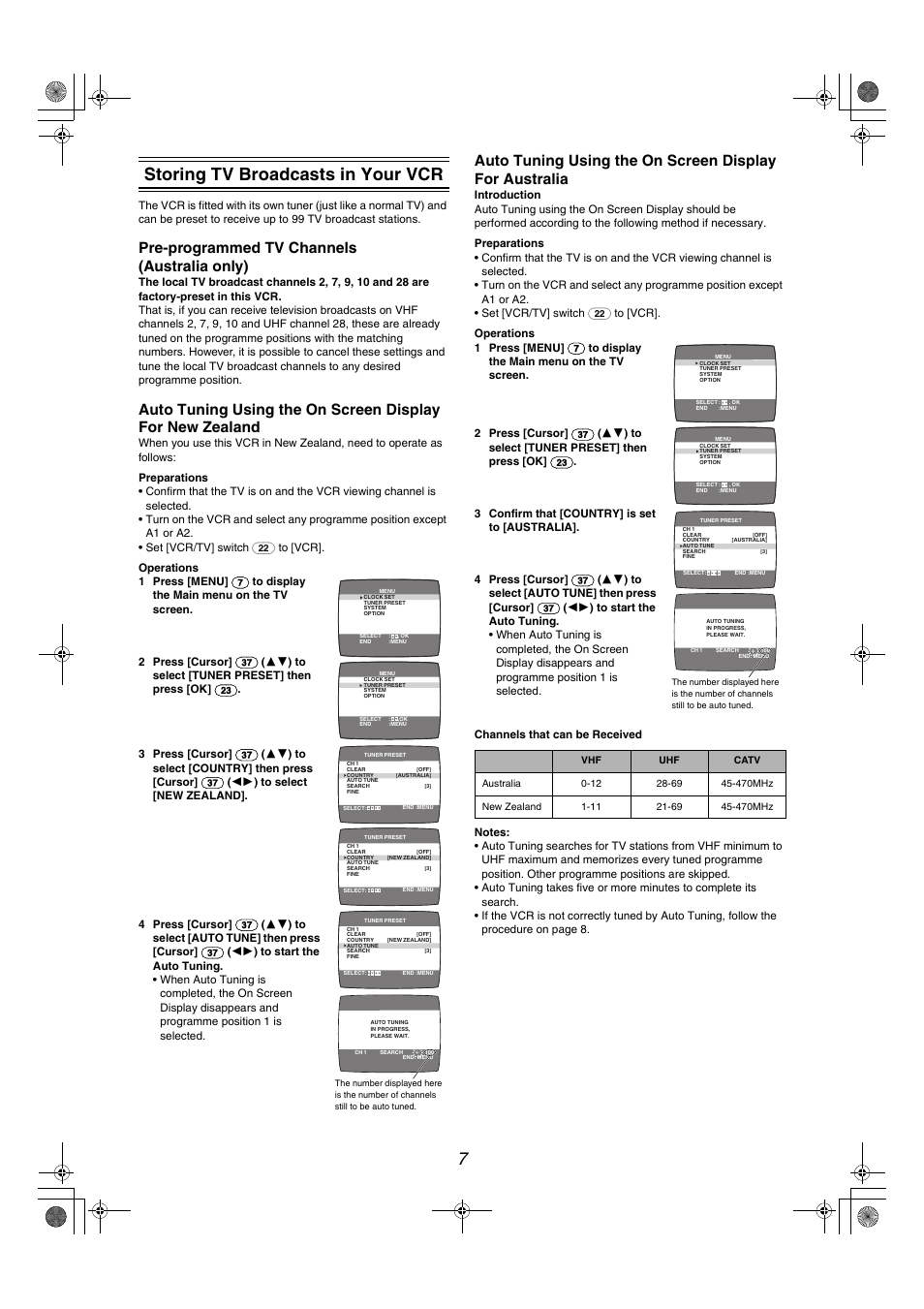 7storing tv broadcasts in your vcr, Pre-programmed tv channels (australia only) | Panasonic NV-MV40GL User Manual | Page 7 / 24