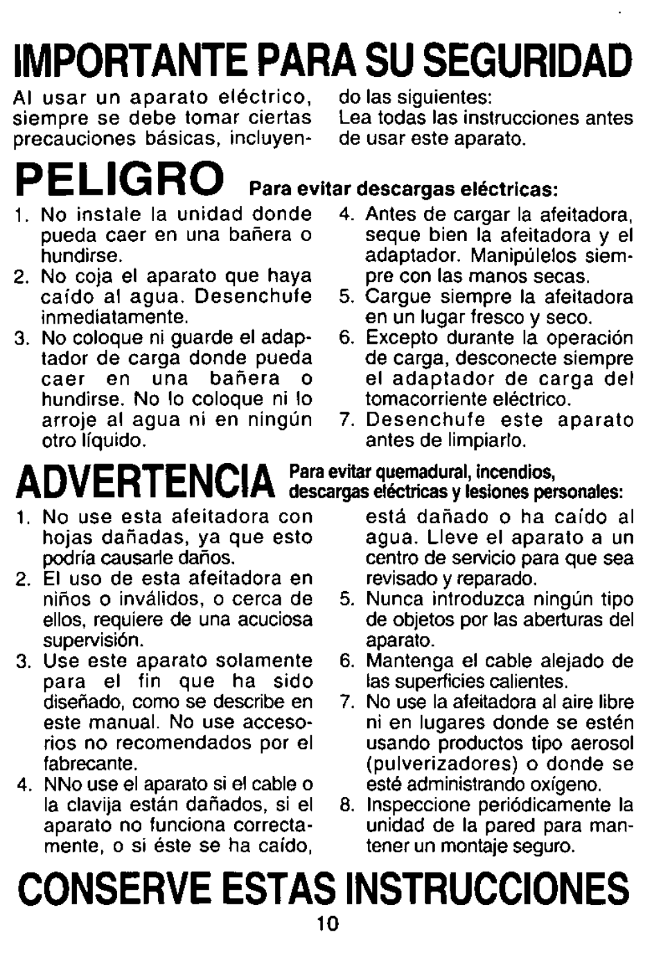 Importante para su seguridad, Peligro, Advertencia | Conserve estas instrucciones | Panasonic RECHARGEABLE SHAVER ES4011 User Manual | Page 10 / 16