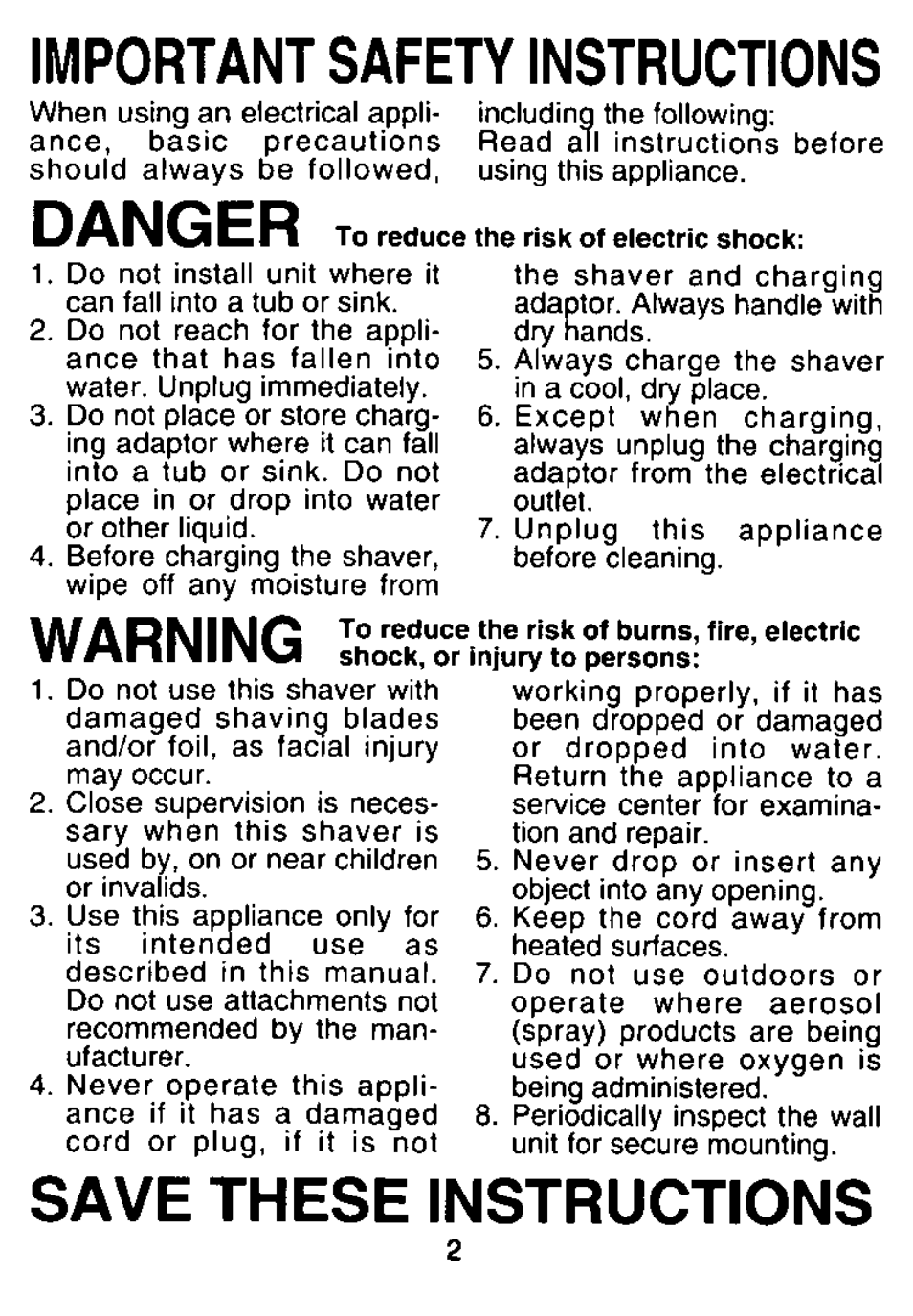 Important safety instructions, Danger, Warning | Save these instructions | Panasonic RECHARGEABLE SHAVER ES4011 User Manual | Page 2 / 16