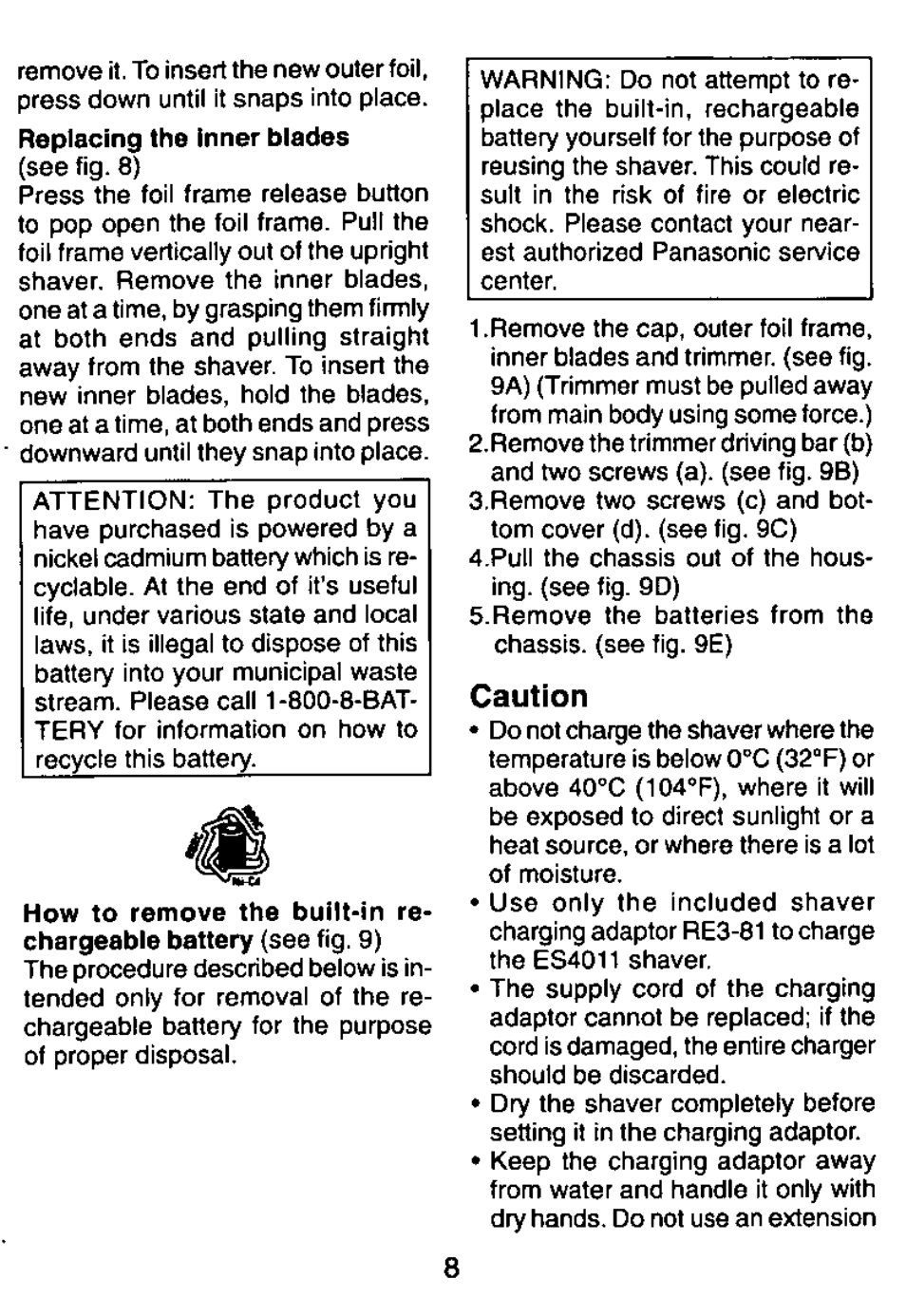 Caution | Panasonic RECHARGEABLE SHAVER ES4011 User Manual | Page 8 / 16