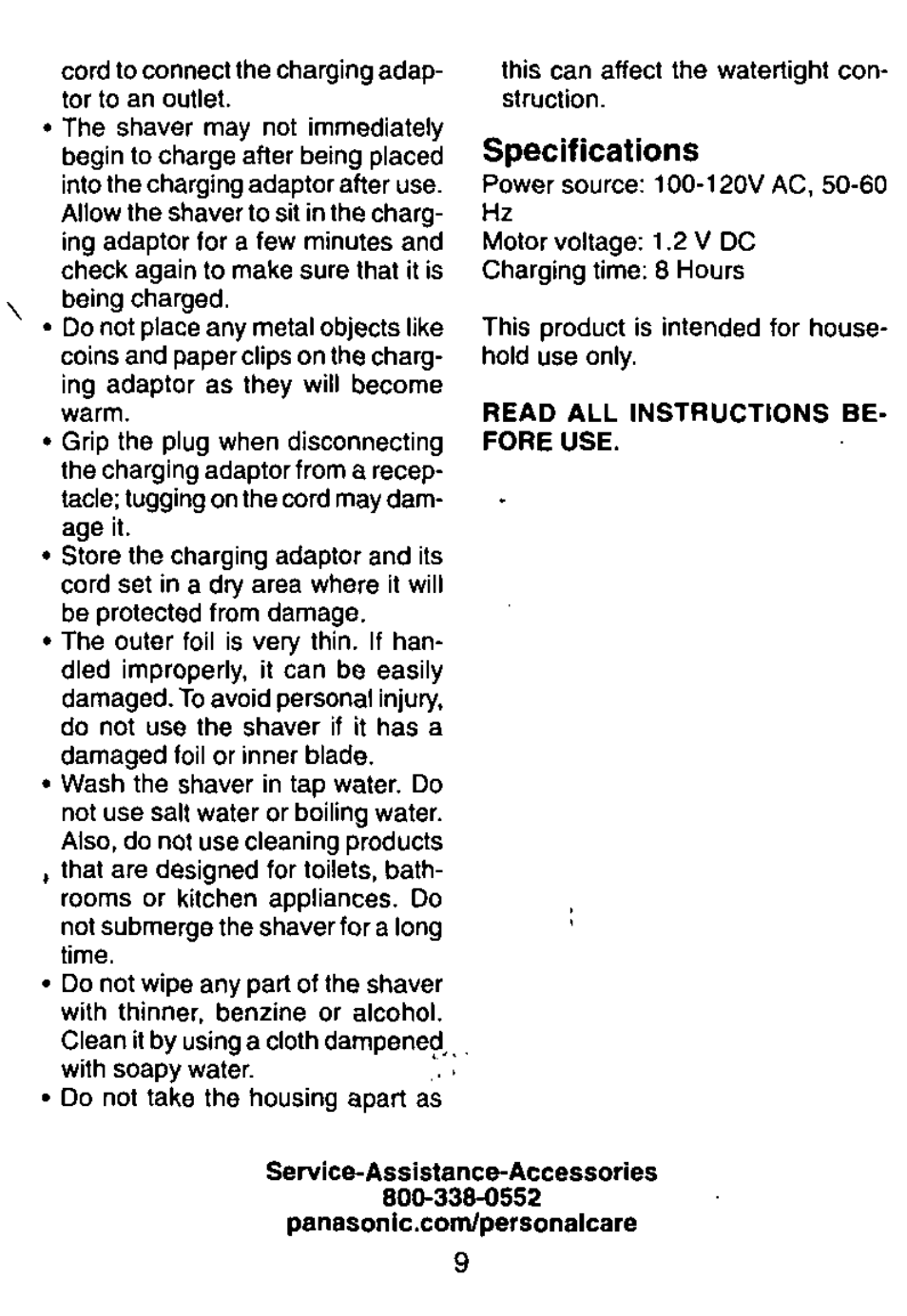 Specifications | Panasonic RECHARGEABLE SHAVER ES4011 User Manual | Page 9 / 16