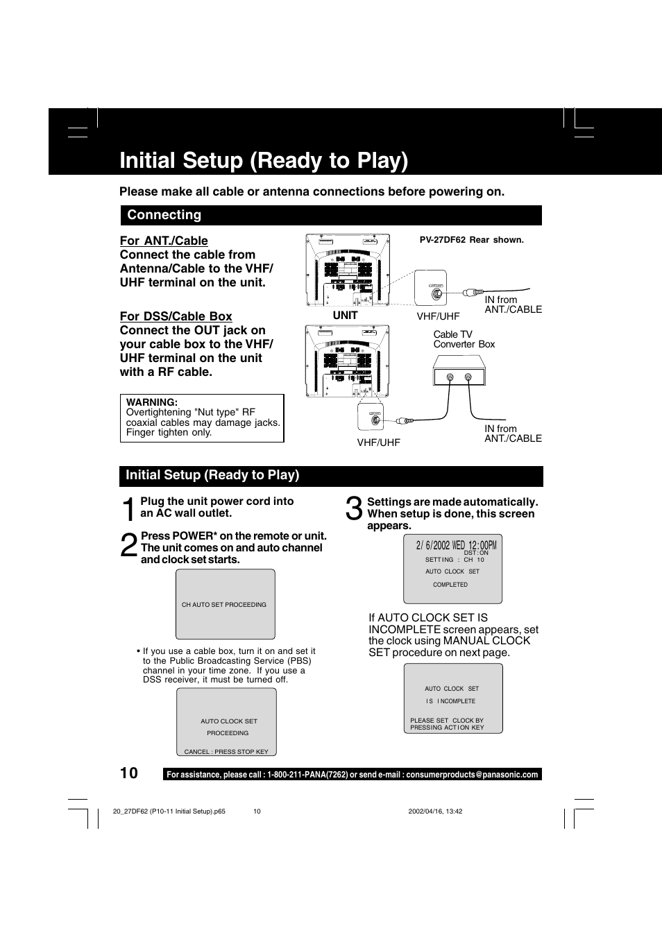 Connections / initial setup, Initial setup (ready to play), Connecting | Panasonic PV 27DF62 User Manual | Page 10 / 64