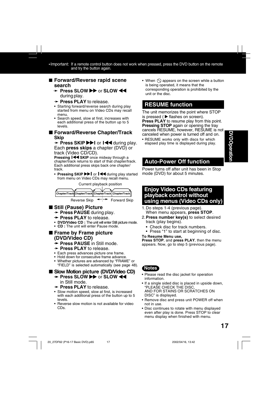 Resume function, Auto-power off function | Panasonic PV 27DF62 User Manual | Page 17 / 64