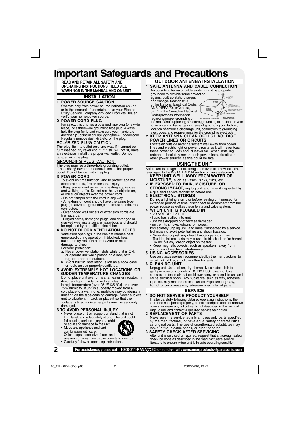 Initial setup (tv), Important safeguards and precautions | Panasonic PV 27DF62 User Manual | Page 2 / 64