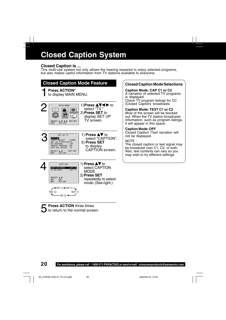Closed caption system, Closed caption mode feature | Panasonic PV 27DF62 User Manual | Page 20 / 64