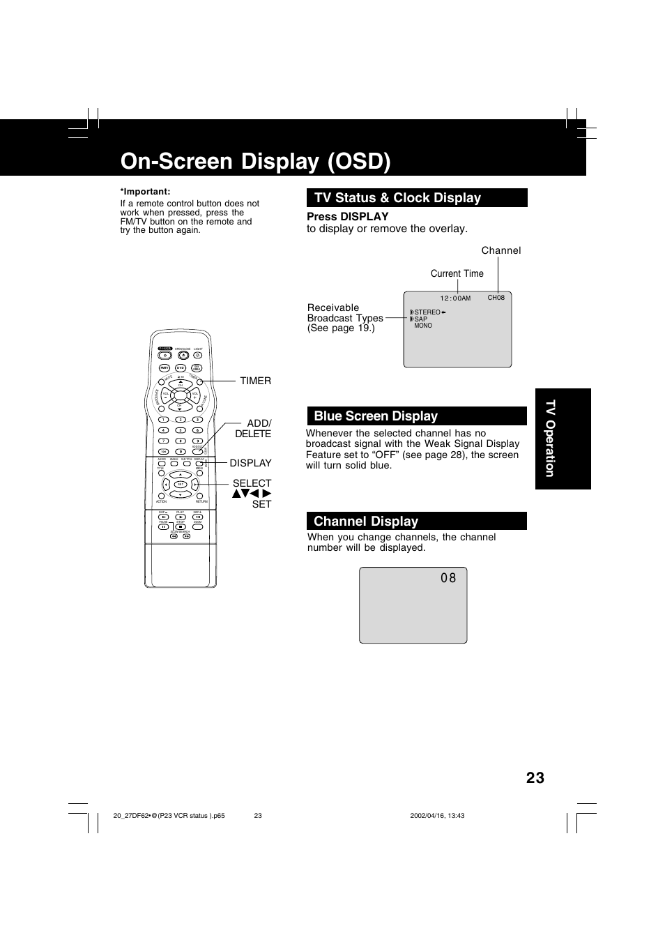 On-screen display (osd), Tv status & clock display, Blue screen display | Channel display, Tv operation, Press display to display or remove the overlay, Current time | Panasonic PV 27DF62 User Manual | Page 23 / 64
