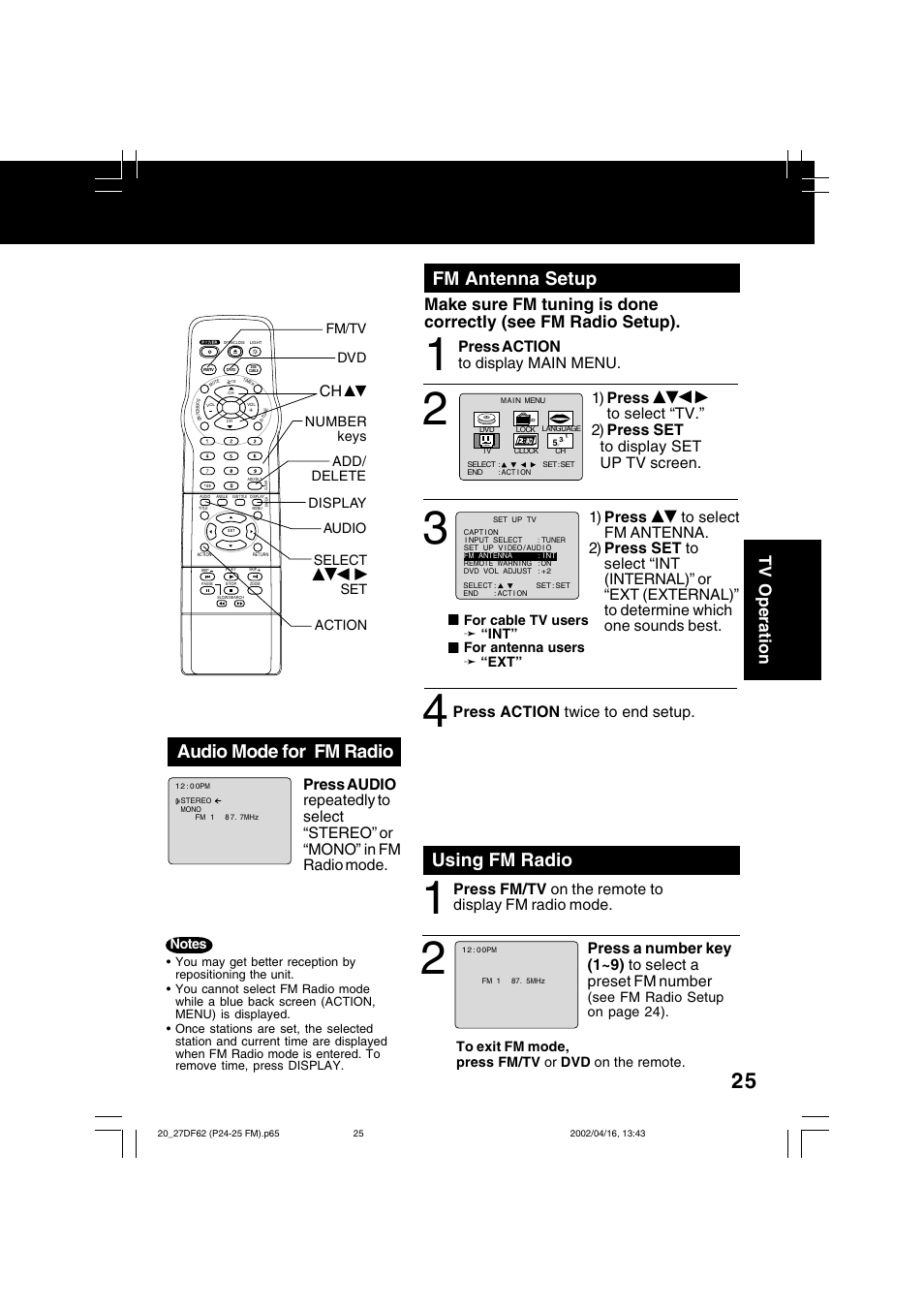 Using fm radio, Fm antenna setup, Audio mode for fm radio | Tv operation | Panasonic PV 27DF62 User Manual | Page 25 / 64