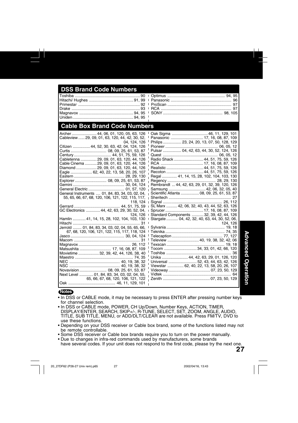 Dss brand code numbers, Cable box brand code numbers, Advanced operation | Panasonic PV 27DF62 User Manual | Page 27 / 64