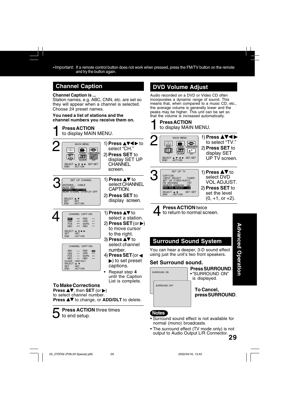 Dvd volume adjust, Surround sound system, Channel caption | Panasonic PV 27DF62 User Manual | Page 29 / 64