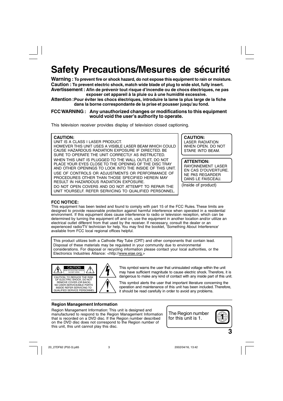 Safety precautions/mesures de sécurité, Warnin | Panasonic PV 27DF62 User Manual | Page 3 / 64
