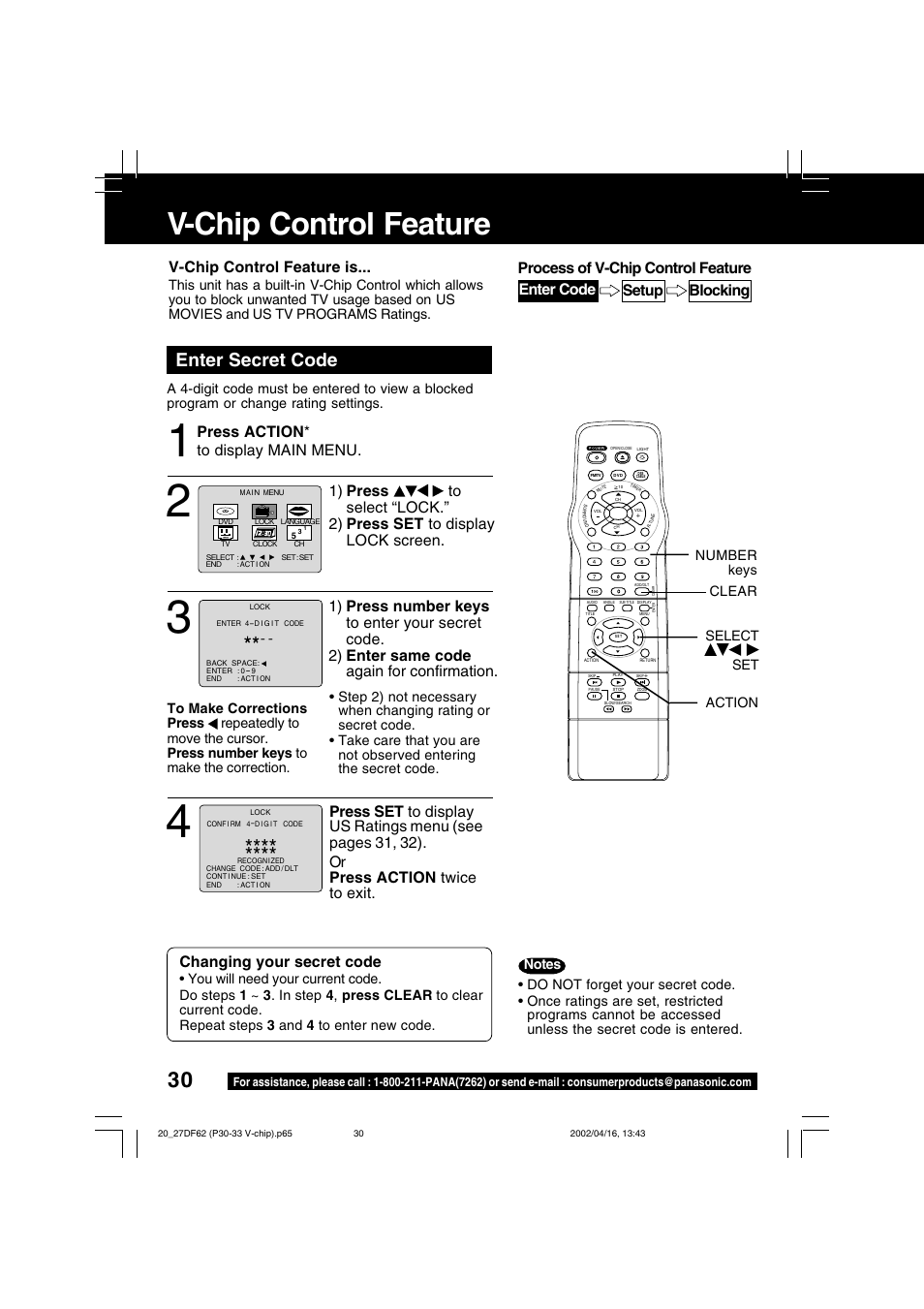 V-chip control feature, Enter secret code, Press action * to display main menu | Changing your secret code, V-chip control feature is, Number keys select set clear action | Panasonic PV 27DF62 User Manual | Page 30 / 64