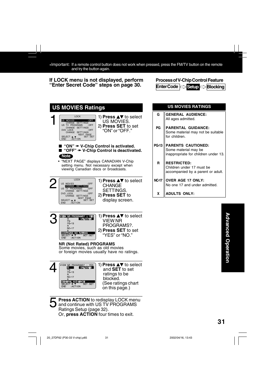 Us movies ratings | Panasonic PV 27DF62 User Manual | Page 31 / 64