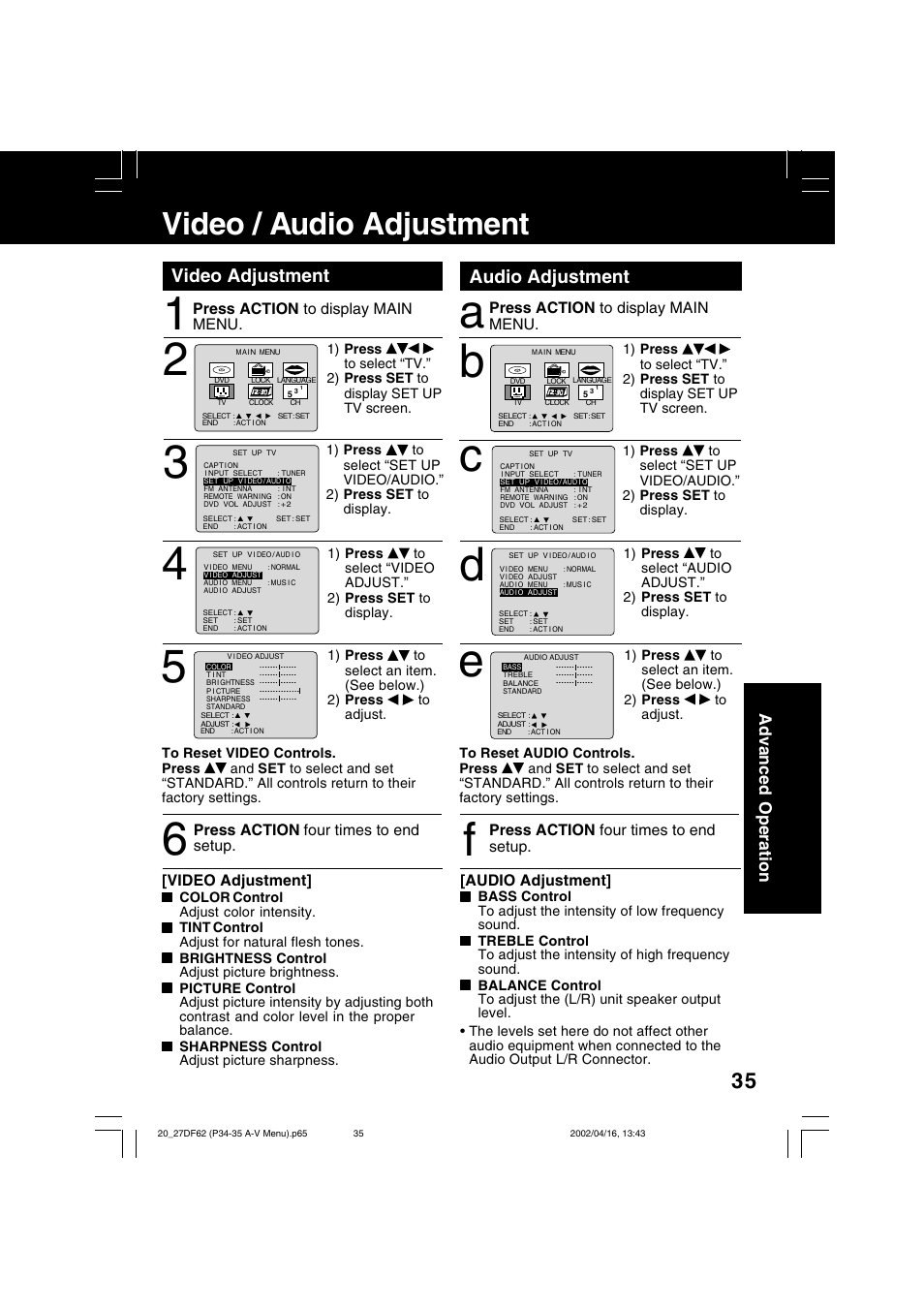 Video / audio adjustment, Audio adjustment video adjustment | Panasonic PV 27DF62 User Manual | Page 35 / 64