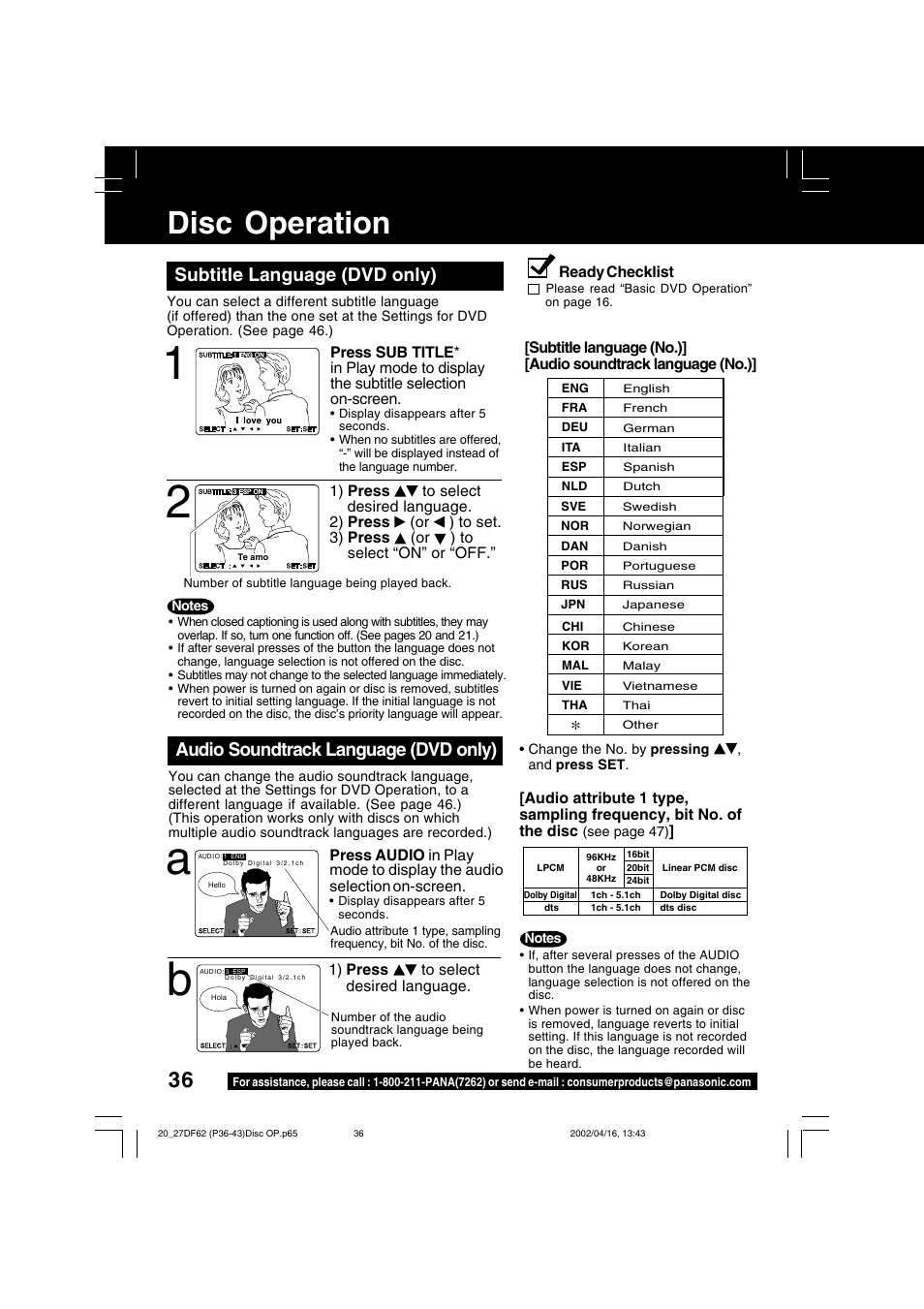 Disc operation, 12 a b, Subtitle language (dvd only) | Audio soundtrack language (dvd only) | Panasonic PV 27DF62 User Manual | Page 36 / 64