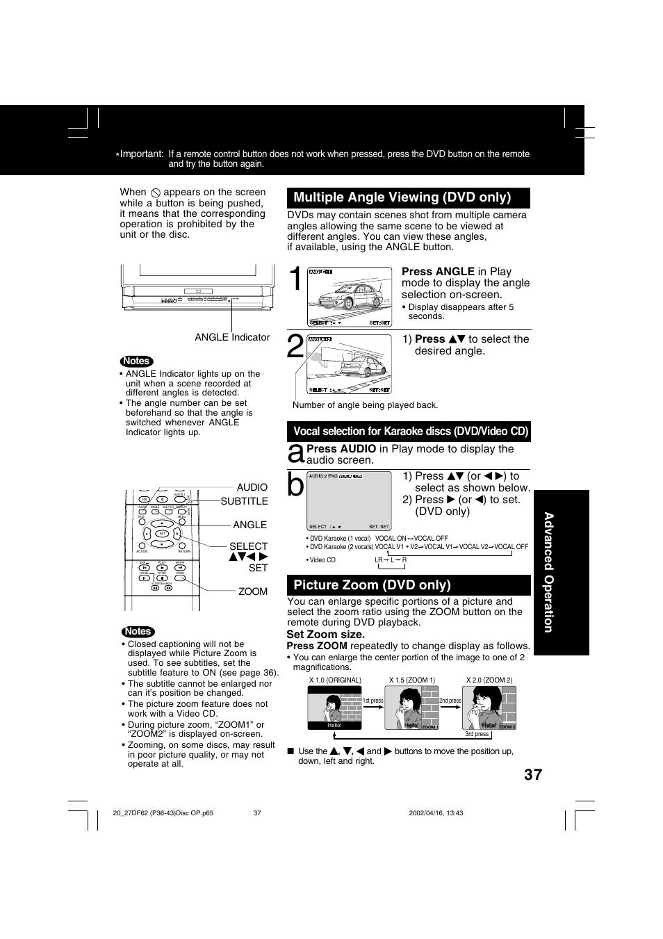 Multiple angle viewing (dvd only), Picture zoom (dvd only), Advanced operation | Vocal selection for karaoke discs (dvd/video cd), 1) press to select the desired angle, Set zoom size | Panasonic PV 27DF62 User Manual | Page 37 / 64