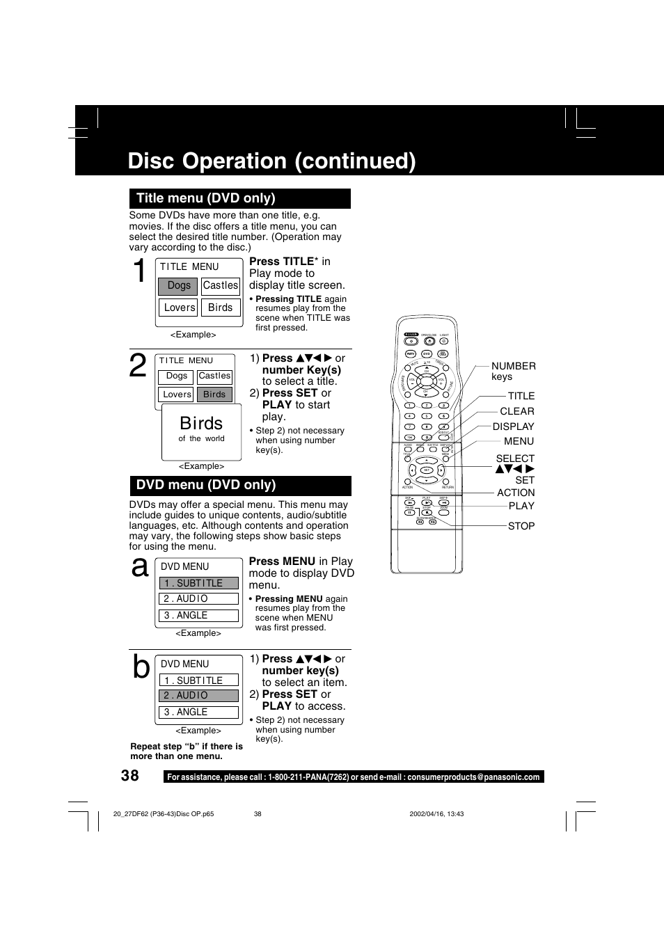 Disc operation (continued), Title menu (dvd only), Dvd menu (dvd only) | Press title * in play mode to display title screen, Es love, Sdogs b | Panasonic PV 27DF62 User Manual | Page 38 / 64