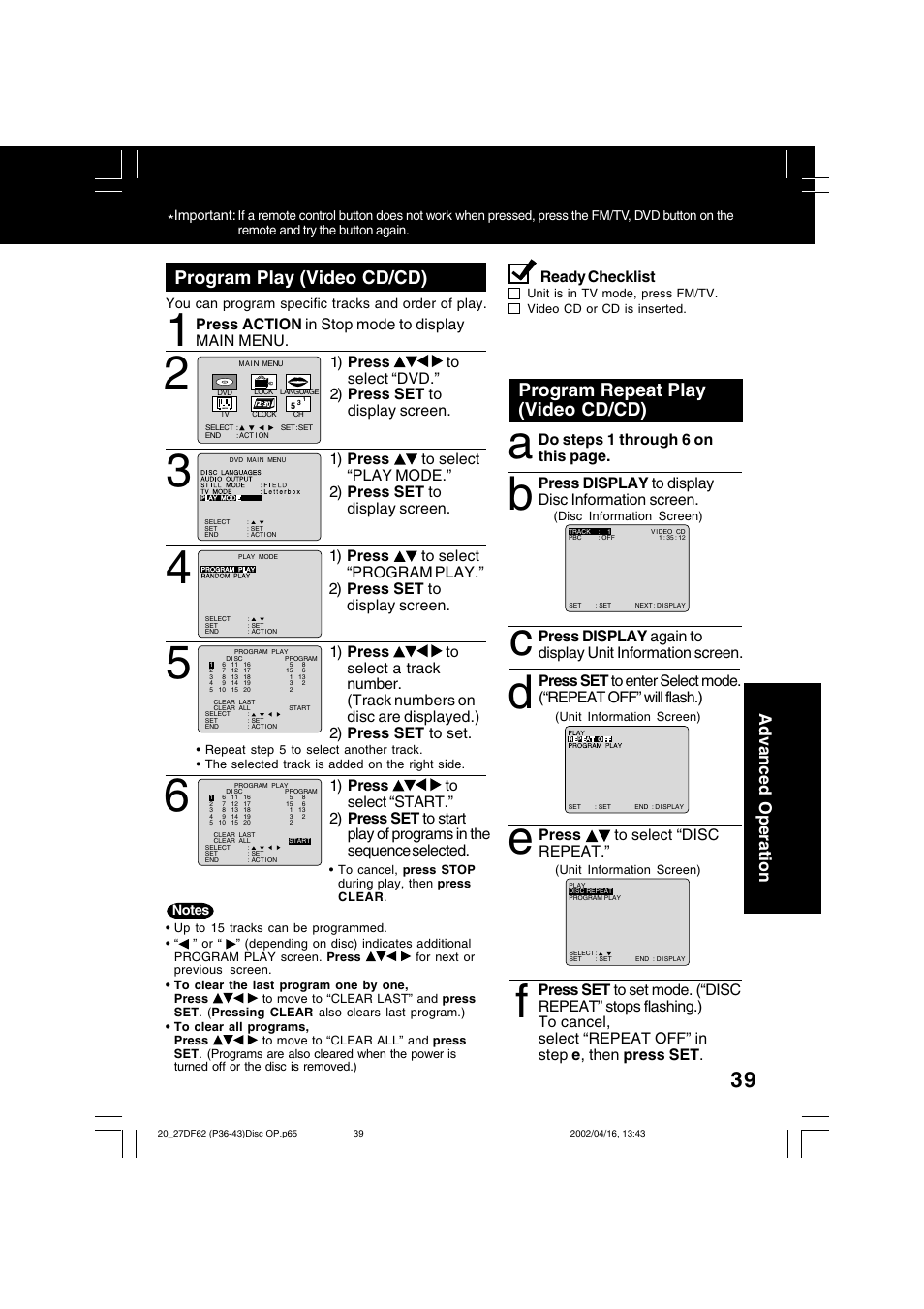 Program play (video cd/cd), Program repeat play (video cd/cd), Advanced operation | Ready checklist, Press action in stop mode to display main menu, Press to select “disc repeat, Do steps 1 through 6 on this page, Press display to display disc information screen | Panasonic PV 27DF62 User Manual | Page 39 / 64