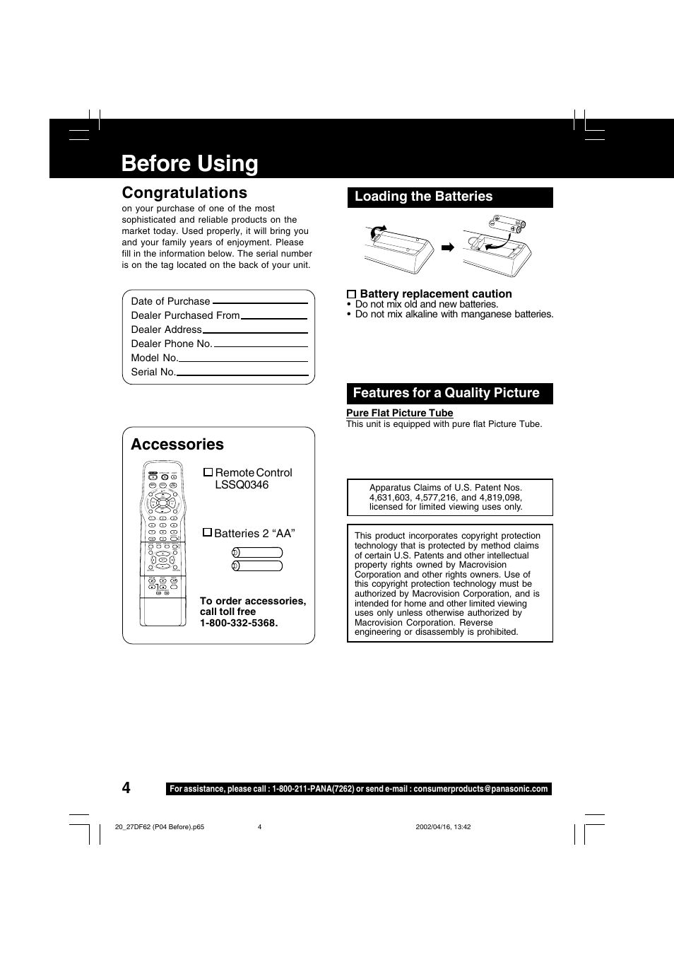 Before using, Accessories, Loading the batteries | Features for a quality picture, Battery replacement caution, This unit is equipped with pure flat picture tube | Panasonic PV 27DF62 User Manual | Page 4 / 64