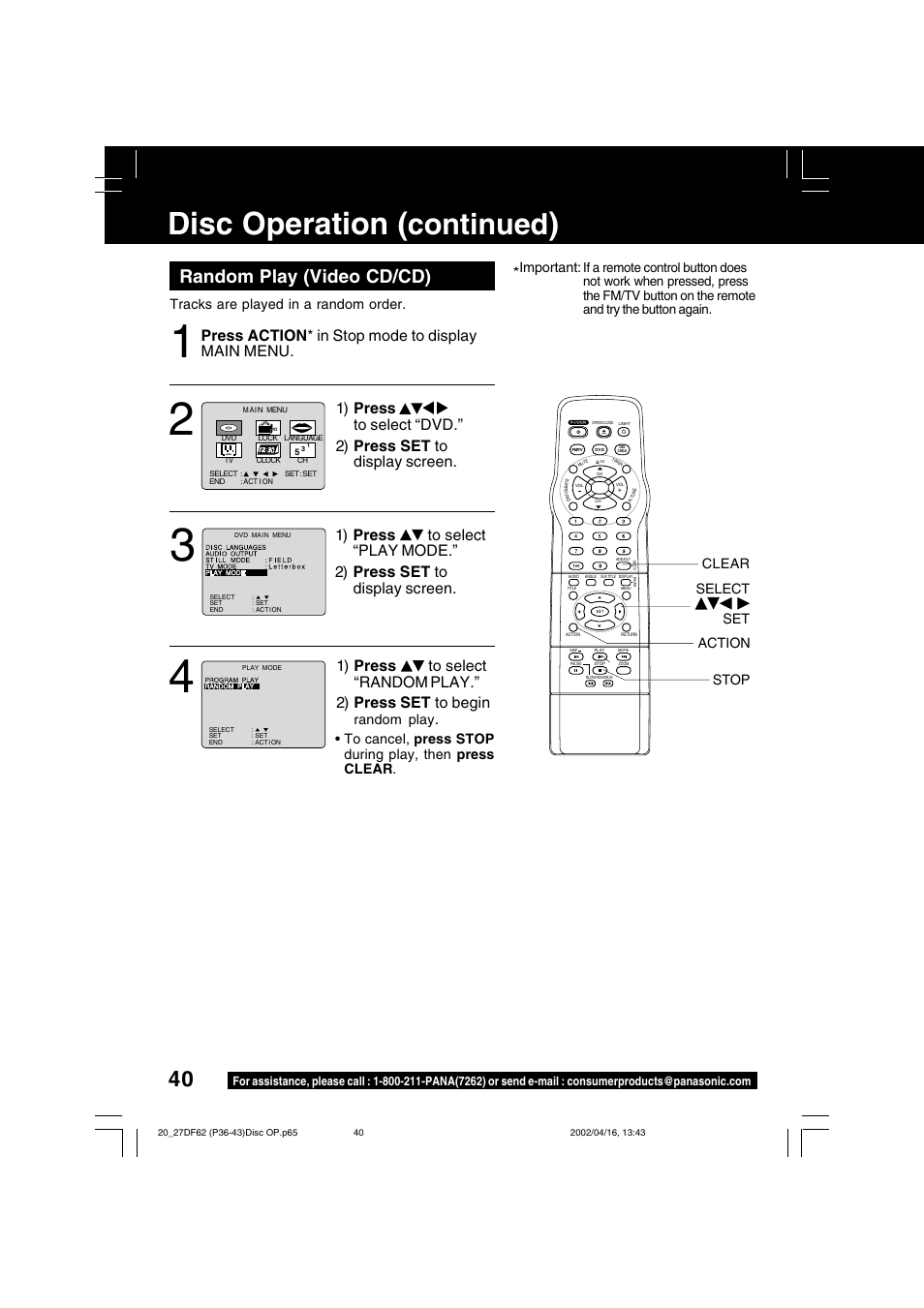Disc operation, Continued, Random play (video cd/cd) | Press action * in stop mode to display main menu, Tracks are played in a random order, Random play, Select set clear action stop *important | Panasonic PV 27DF62 User Manual | Page 40 / 64