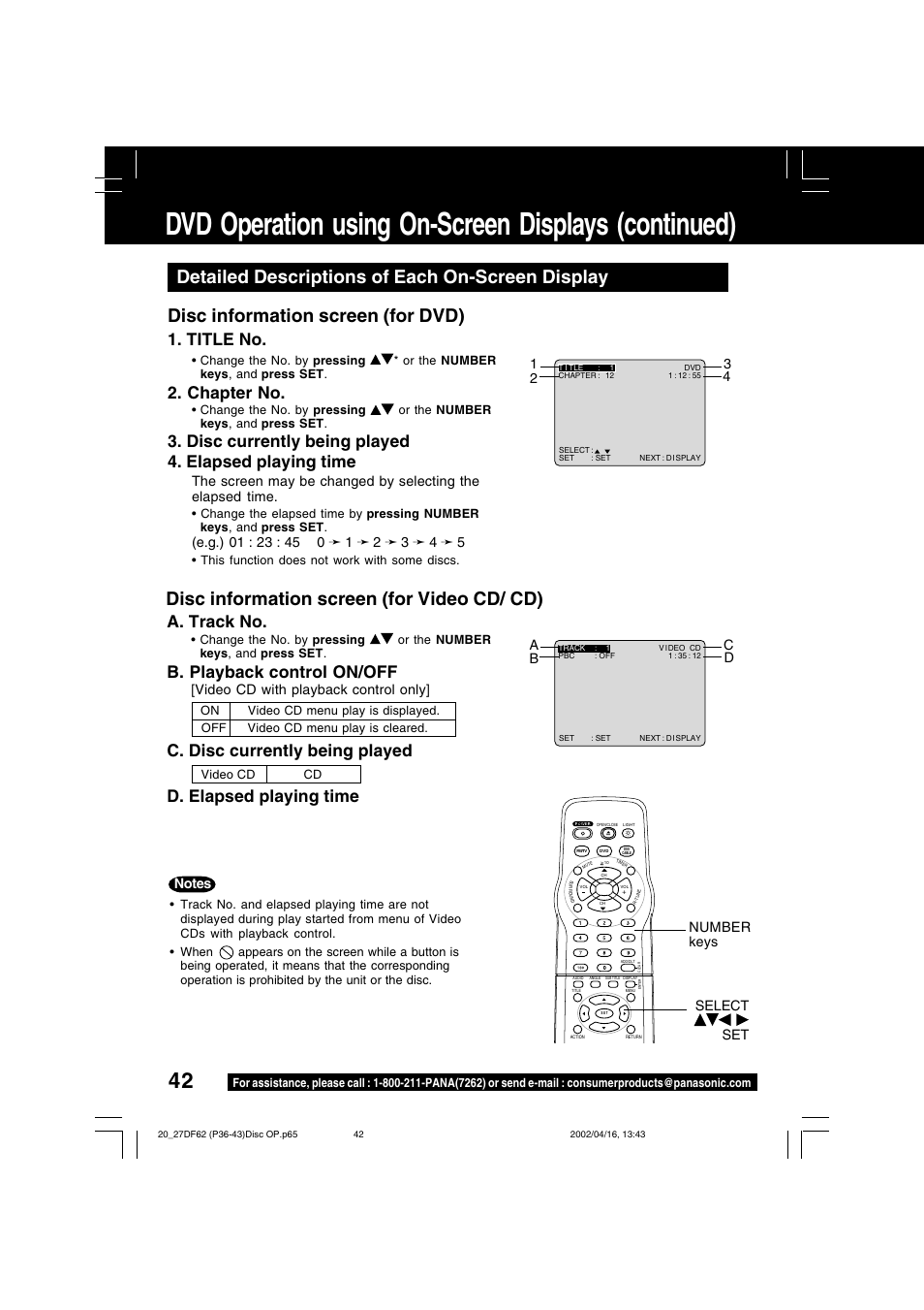 Dvd operation using on-screen displays (continued), Detailed descriptions of each on-screen display, Disc information screen (for dvd) | Disc information screen (for video cd/ cd), Title no, Chapter no, A. track no, B. playback control on/off, Video cd with playback control only, 1 2 3 4 a b c d | Panasonic PV 27DF62 User Manual | Page 42 / 64