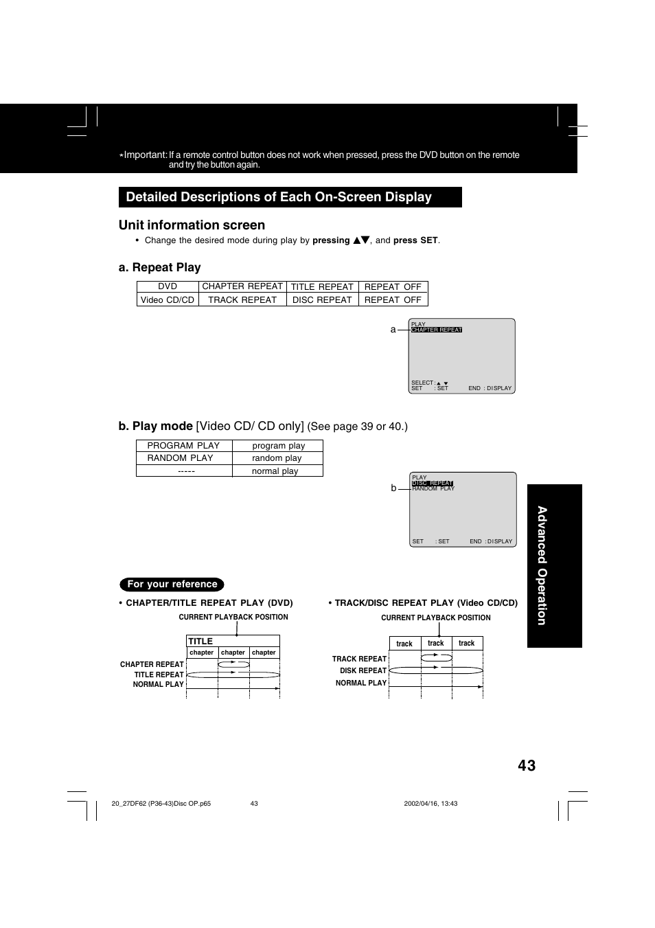 Unit information screen, Detailed descriptions of each on-screen display, Advanced operation | A. repeat play, B. play mode [video cd/ cd only, See page 39 or 40.) | Panasonic PV 27DF62 User Manual | Page 43 / 64