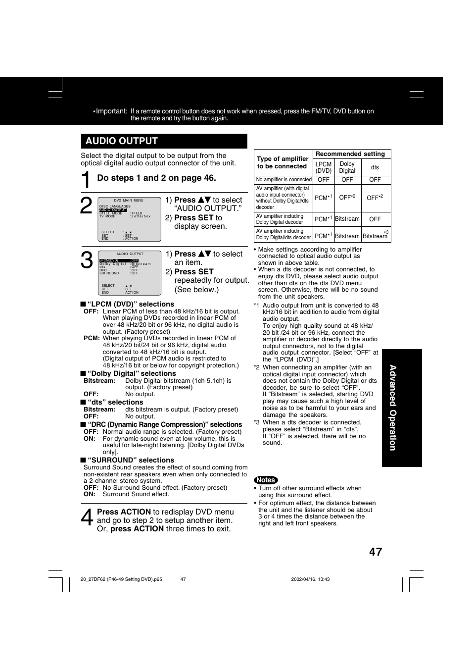 Audio output, Advanced operation, Do steps 1 and 2 on page 46 | Panasonic PV 27DF62 User Manual | Page 47 / 64