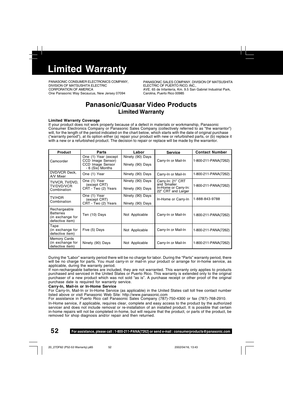 Limited warranty, Panasonic/quasar video products | Panasonic PV 27DF62 User Manual | Page 52 / 64