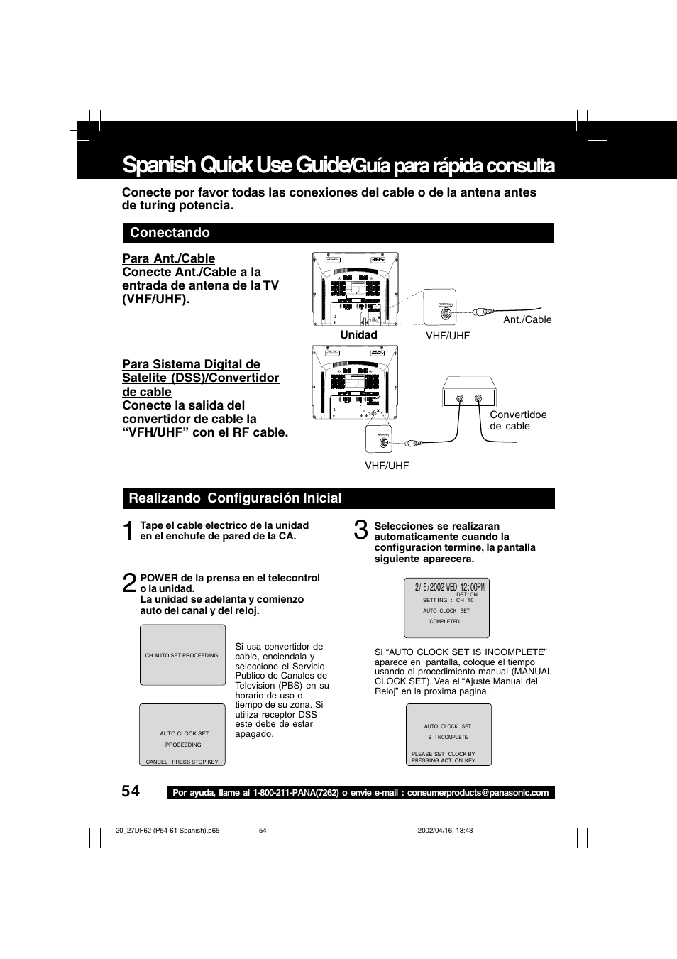 Spanish quick use guide, Guía para rápida consulta, Conectando | Realizando configuración inicial | Panasonic PV 27DF62 User Manual | Page 54 / 64