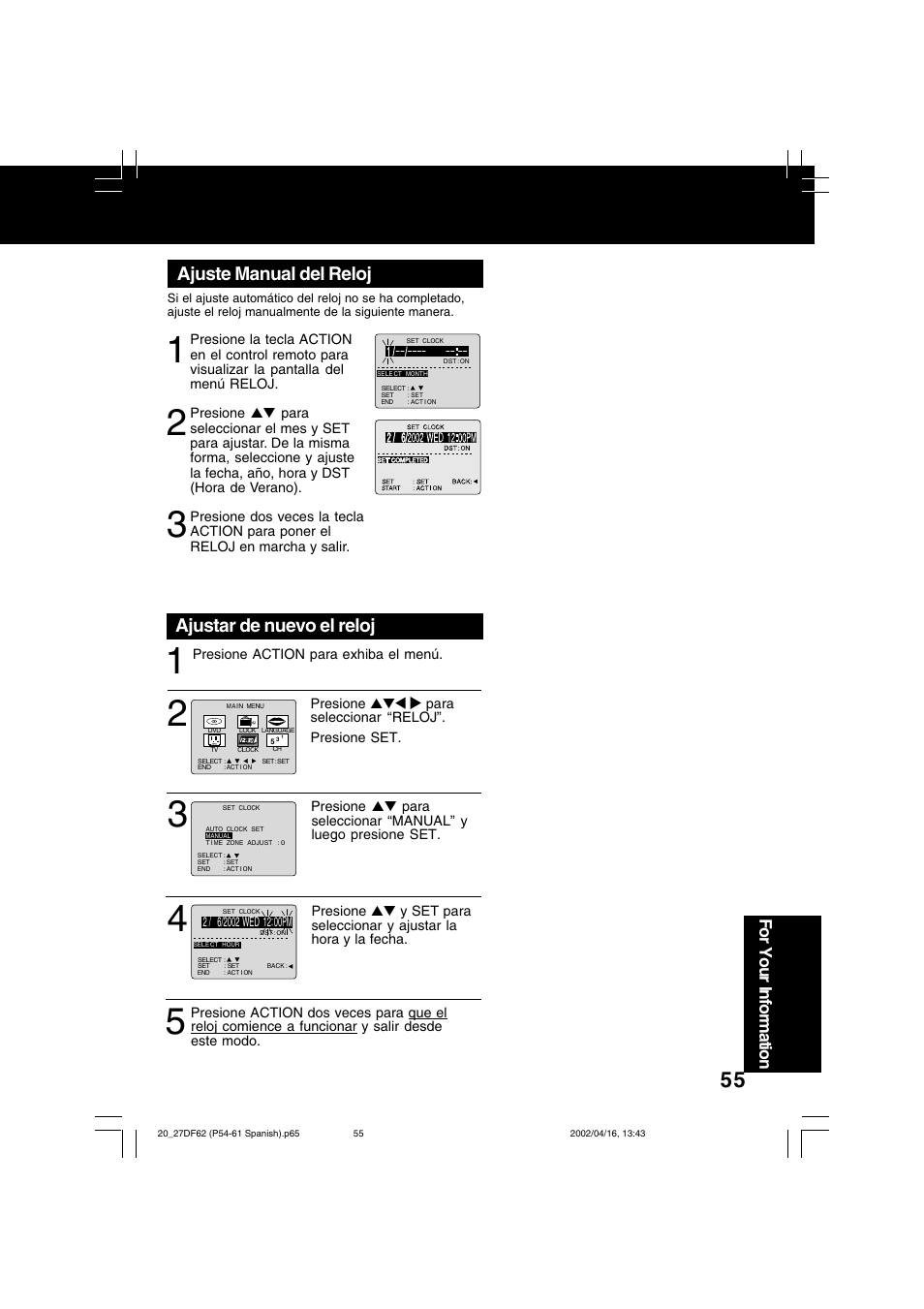 Ajustar de nuevo el reloj, Ajuste manual del reloj, For your information | Panasonic PV 27DF62 User Manual | Page 55 / 64