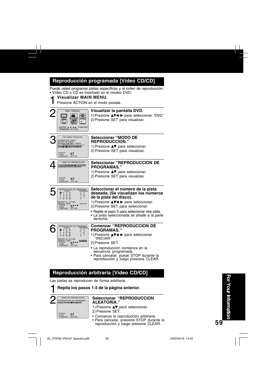 For your information, Visualizar main menu, Seleccionar “modo de reproduccion | Seleccionar “reproduccion de programas, Vísualizar la pantalla dvd, Comenzar “reproduccion de programas | Panasonic PV 27DF62 User Manual | Page 59 / 64