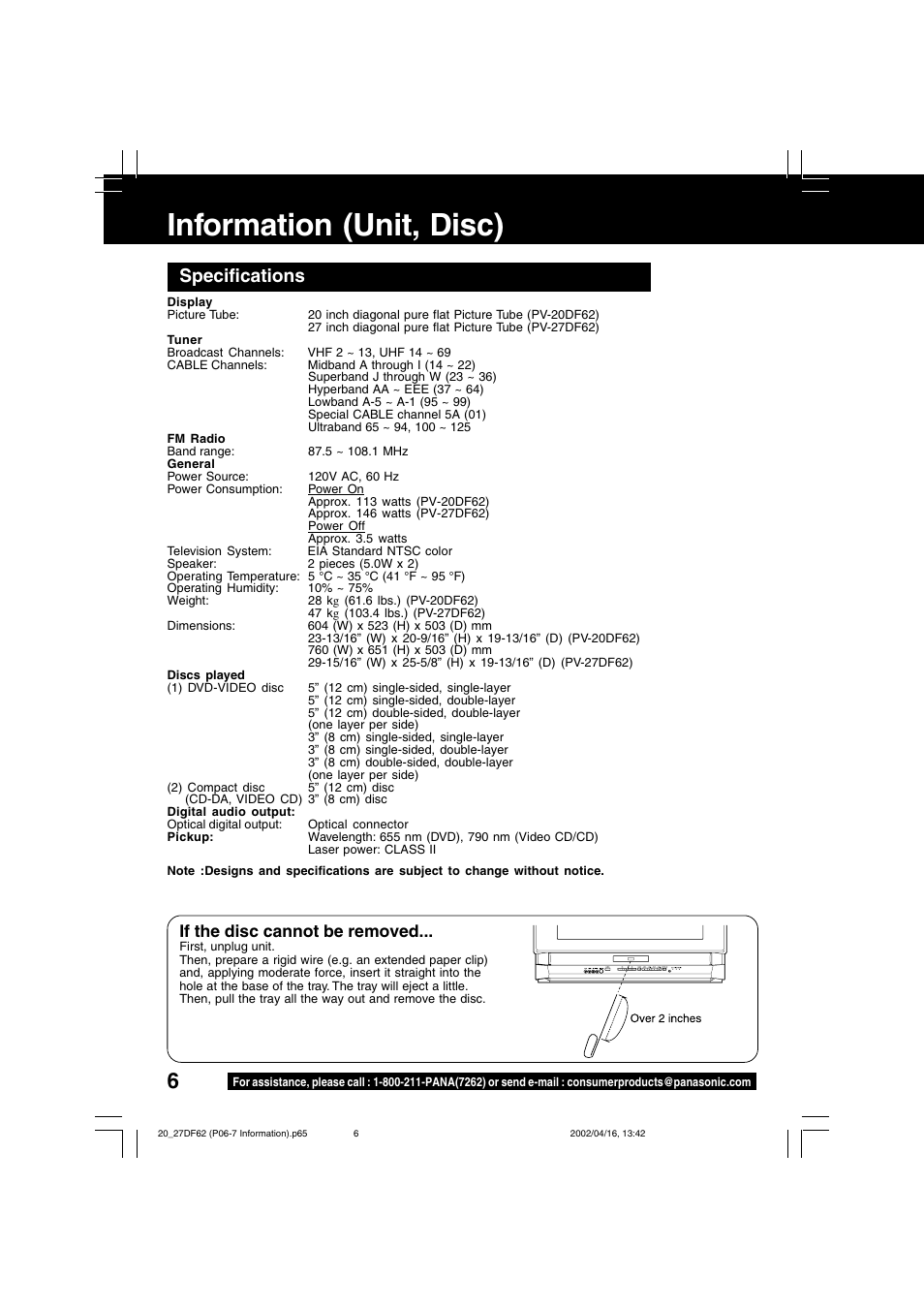 Information (unit, disc), Specifications, If the disc cannot be removed | Panasonic PV 27DF62 User Manual | Page 6 / 64