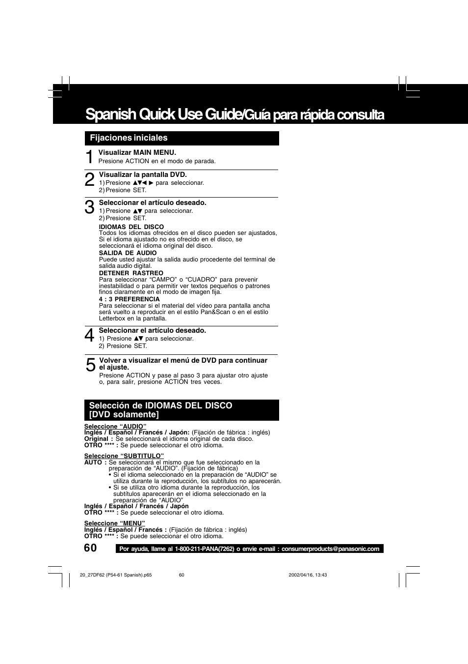 Spanish quick use guide, Guía para rápida consulta | Panasonic PV 27DF62 User Manual | Page 60 / 64