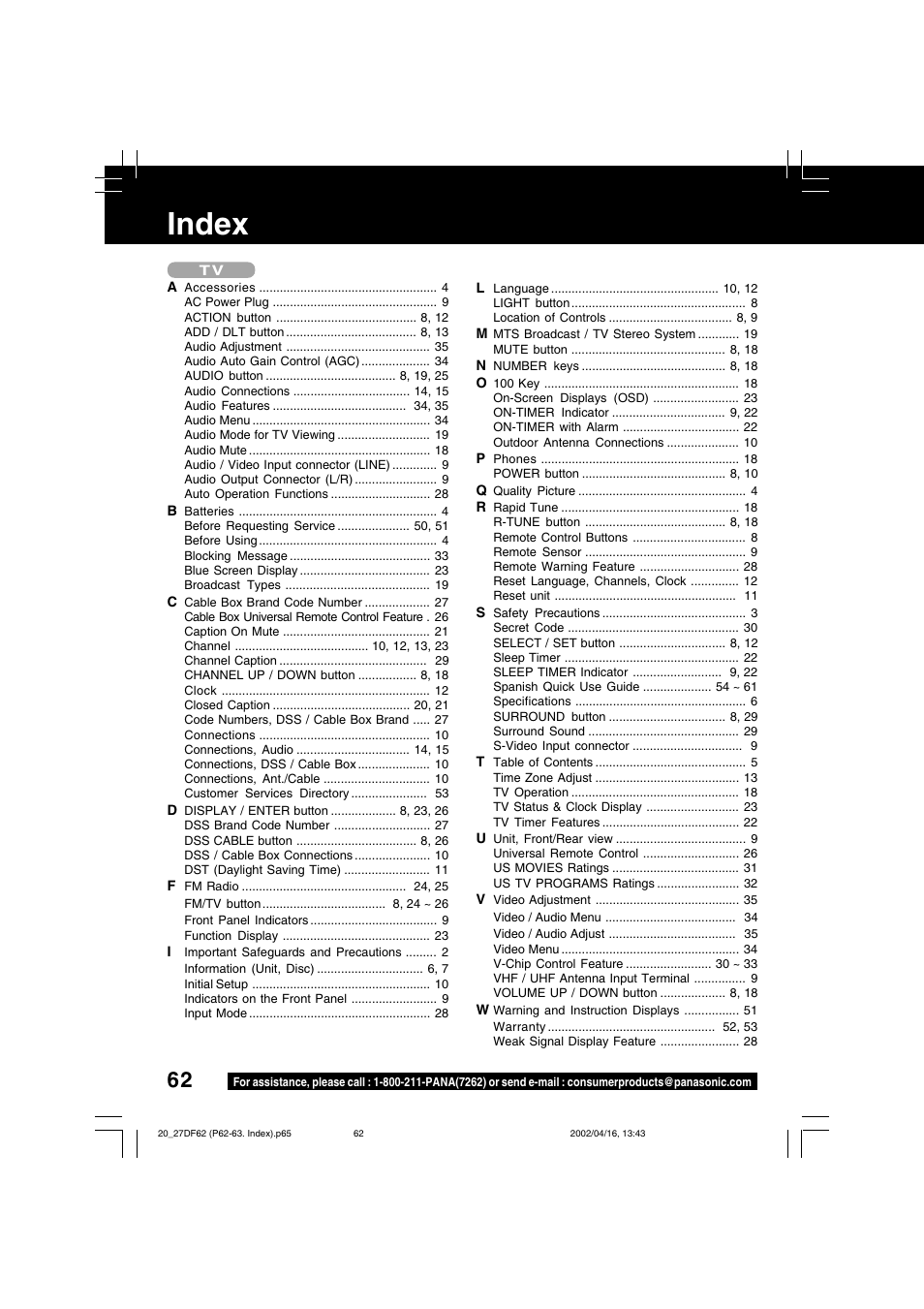 Index | Panasonic PV 27DF62 User Manual | Page 62 / 64