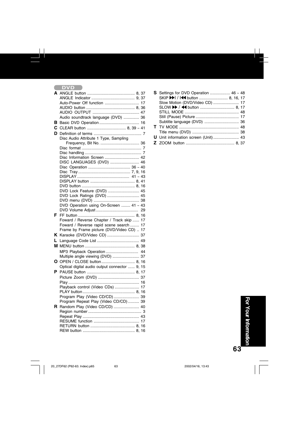 For your information | Panasonic PV 27DF62 User Manual | Page 63 / 64
