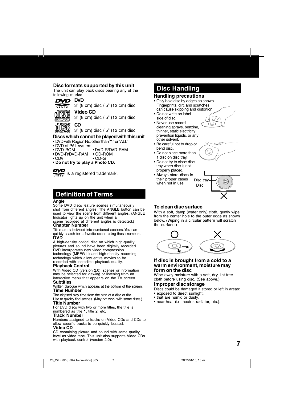 Definition of terms, Disc handling | Panasonic PV 27DF62 User Manual | Page 7 / 64