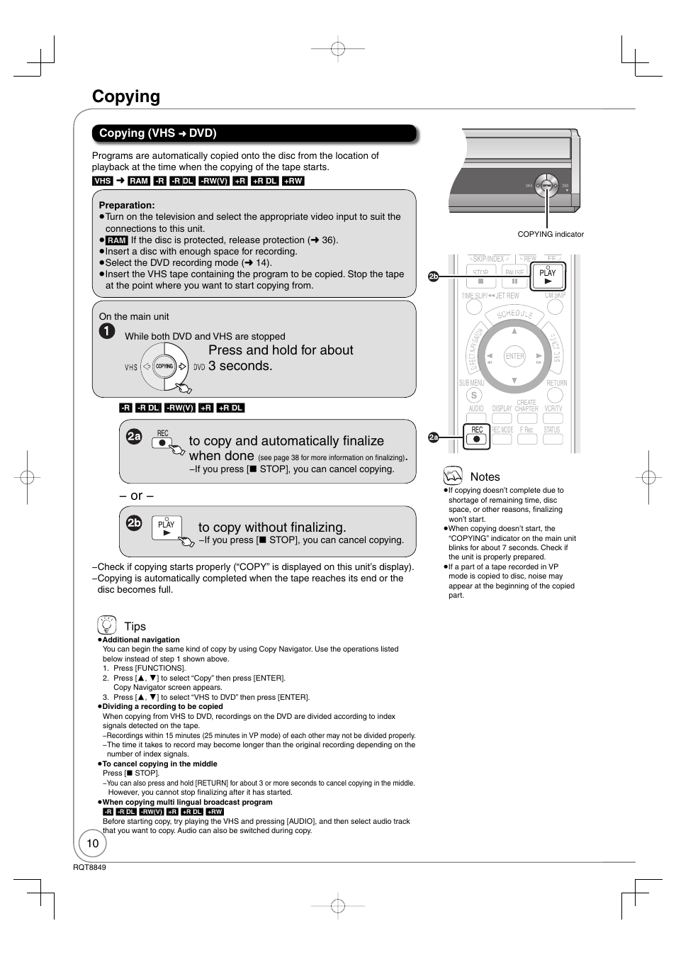 Copying, Press and hold for about 3 seconds, Copying (vhs | Dvd), Tips | Panasonic DMR-EZ37V User Manual | Page 10 / 88