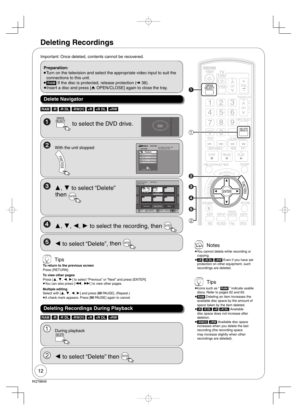 Deleting recordings, Tips, Delete navigator | Deleting recordings during playback | Panasonic DMR-EZ37V User Manual | Page 12 / 88