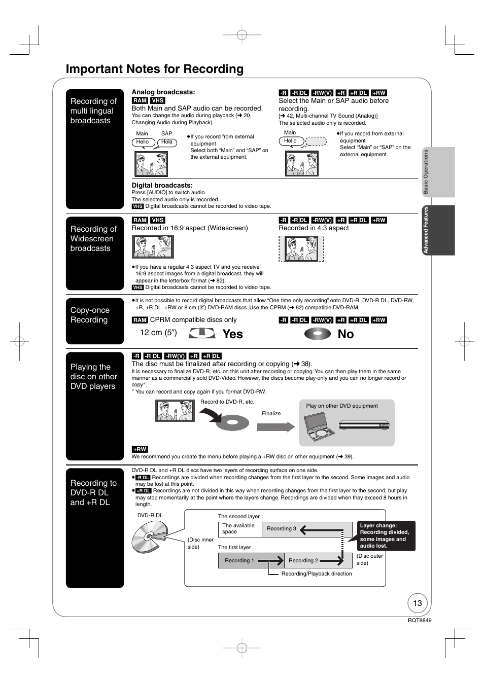Advanced features, Important notes for recording, Yes no | Panasonic DMR-EZ37V User Manual | Page 13 / 88
