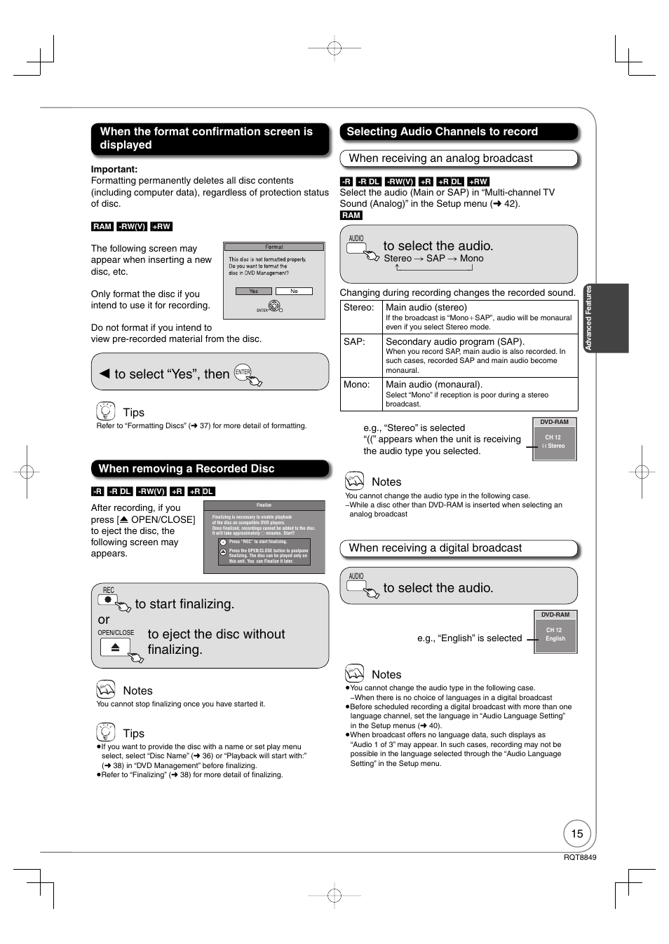 Tips, Selecting audio channels to record | Panasonic DMR-EZ37V User Manual | Page 15 / 88
