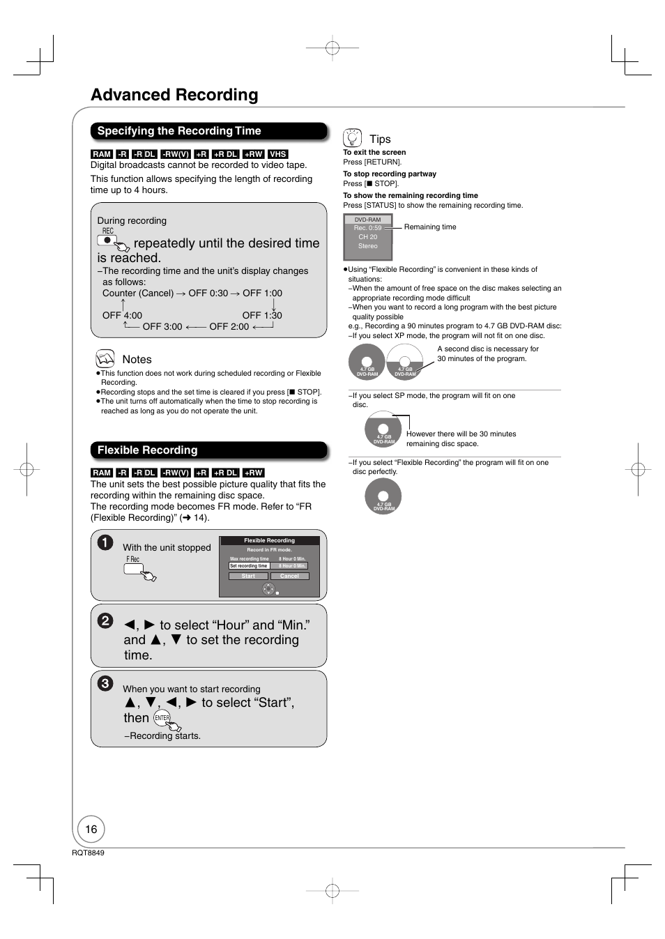 Advanced recording, Repeatedly until the desired time is reached, Specifying the recording time | Flexible recording, Tips | Panasonic DMR-EZ37V User Manual | Page 16 / 88