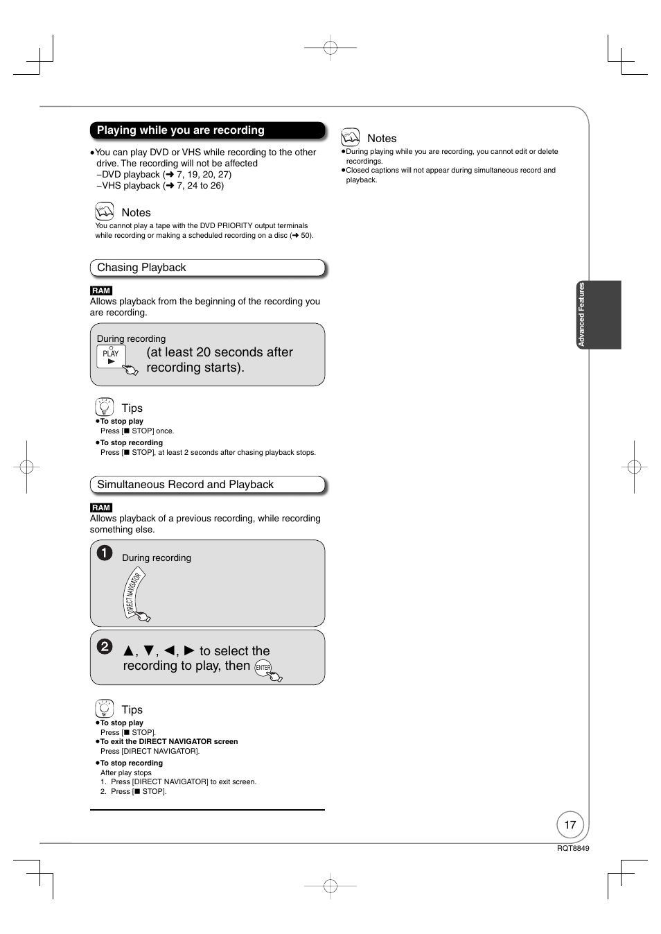 At least 20 seconds after recording starts), Playing while you are recording chasing playback, Simultaneous record and playback | Tips | Panasonic DMR-EZ37V User Manual | Page 17 / 88