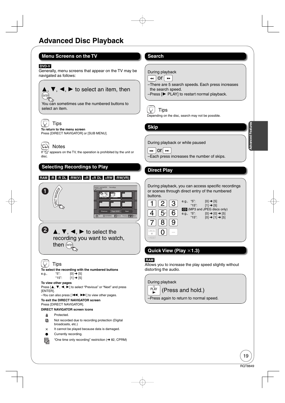 Advanced disc playback, Press and hold.), Search direct play | Tips, Quick view (play  1.3), Skip | Panasonic DMR-EZ37V User Manual | Page 19 / 88