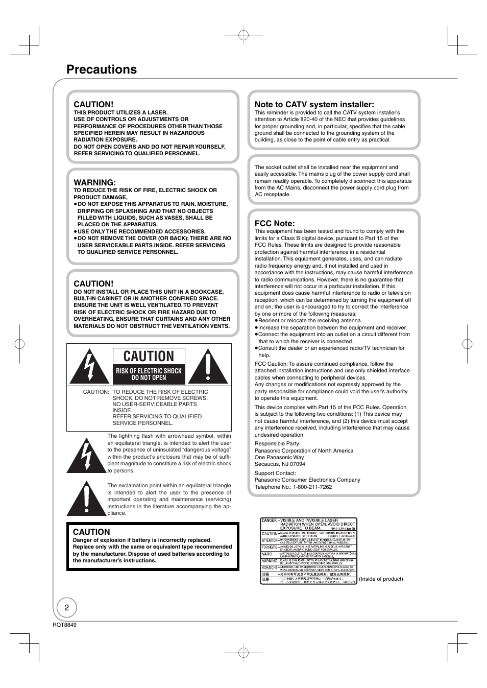 Getting started, Precautions, Caution | Warning | Panasonic DMR-EZ37V User Manual | Page 2 / 88