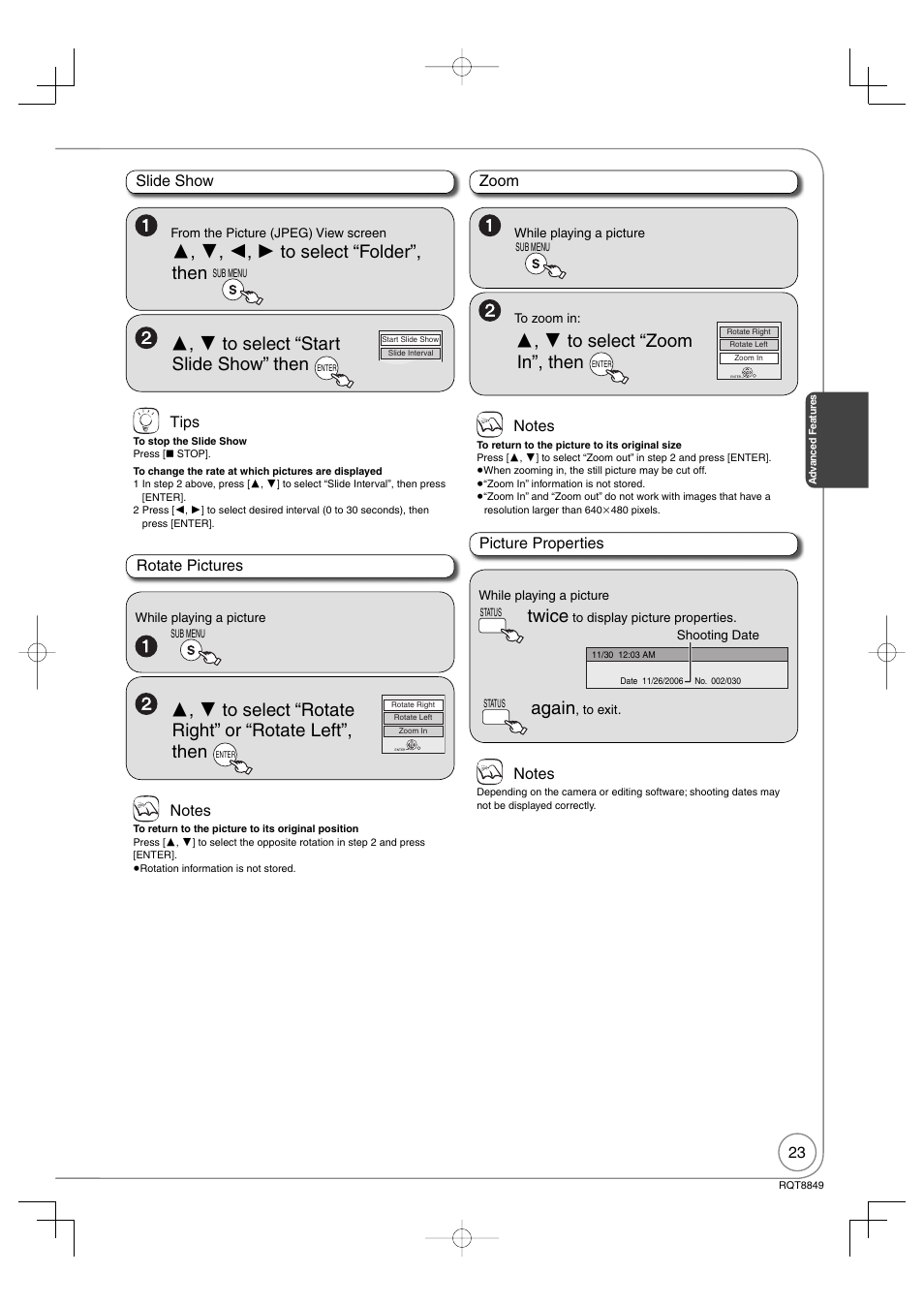 Twice, Again, Slide show rotate pictures zoom tips | Picture properties | Panasonic DMR-EZ37V User Manual | Page 23 / 88