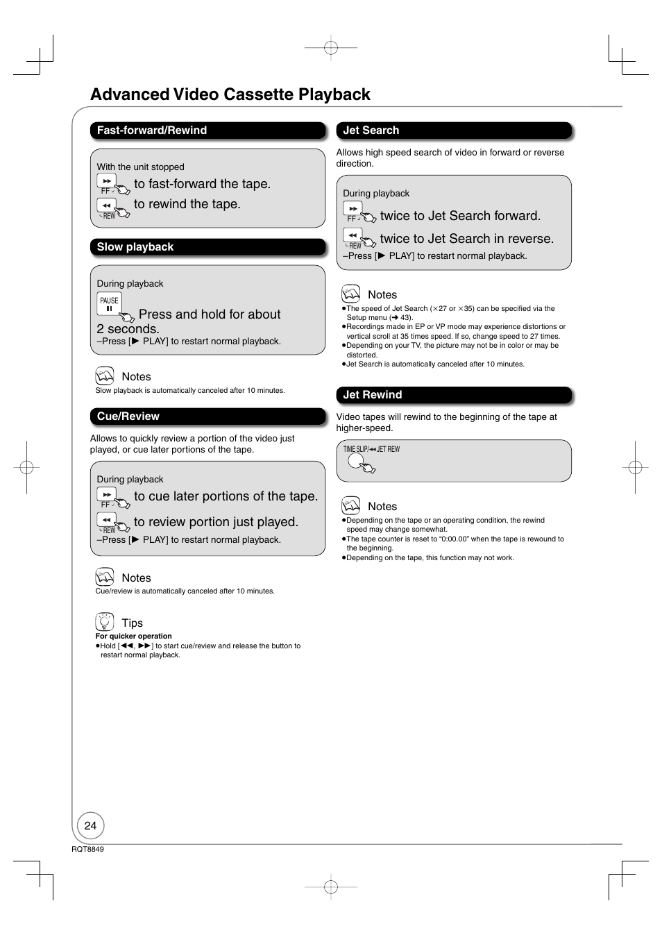 Advanced video cassette playback, Press and hold for about 2 seconds, Twice to jet search forward | Twice to jet search in reverse | Panasonic DMR-EZ37V User Manual | Page 24 / 88
