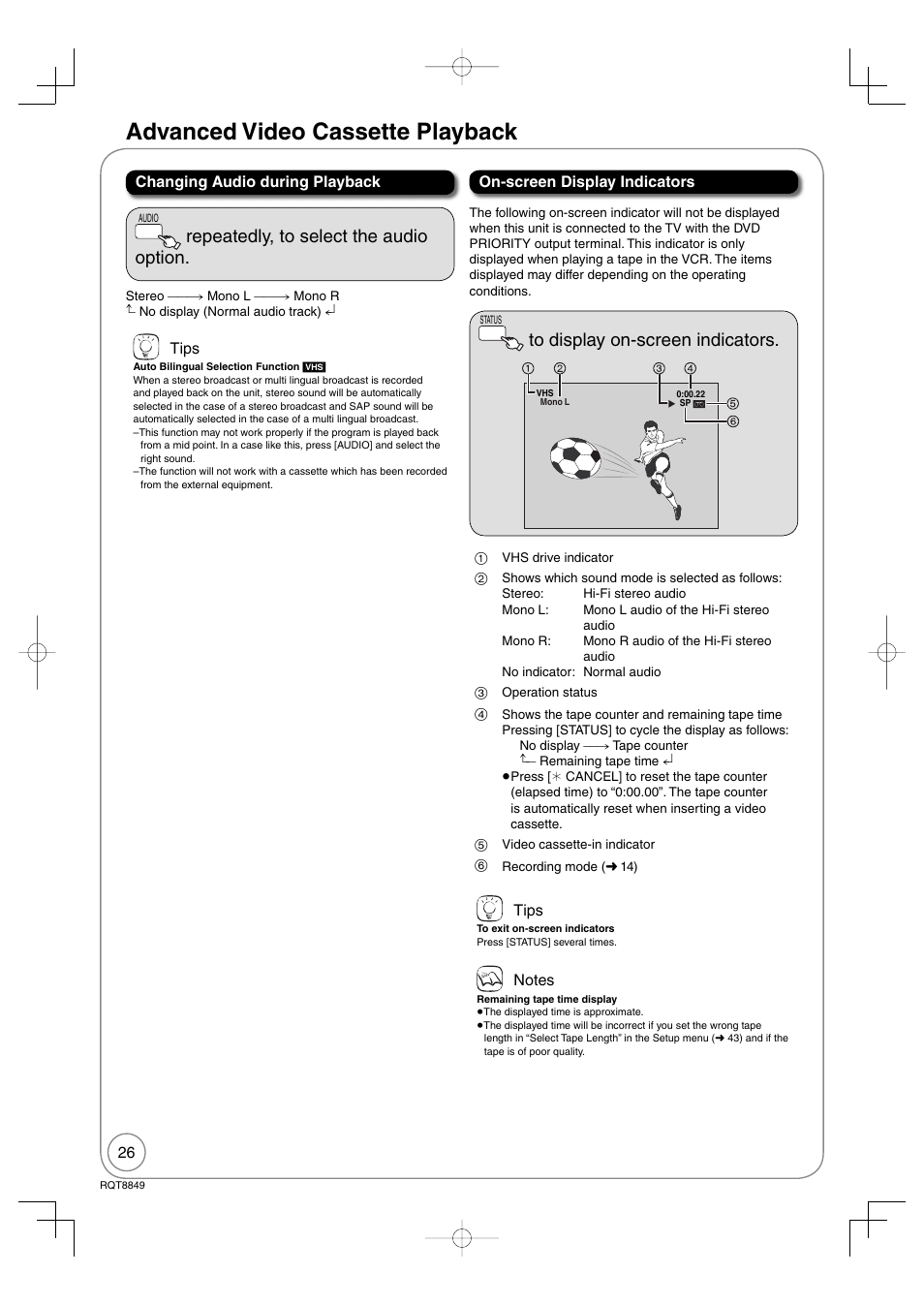 Advanced video cassette playback, Repeatedly, to select the audio option | Panasonic DMR-EZ37V User Manual | Page 26 / 88